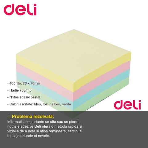 Notes adeziv Deli, 76x76mm, 400 file in 4 culori pastel, pentru organizare rapida la birou [1]