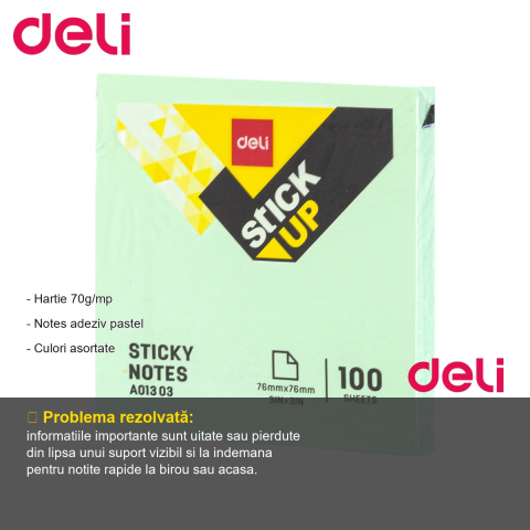 Notes adeziv Deli 76x76mm, culori pastel asortate, 100 file, pentru organizare rapida la birou [1]