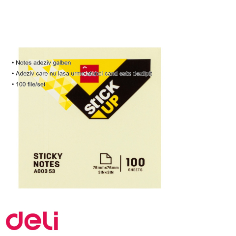 Notes adeziv Deli 76x76mm galben, fara urme la dezlipire, 100 file per set [2]