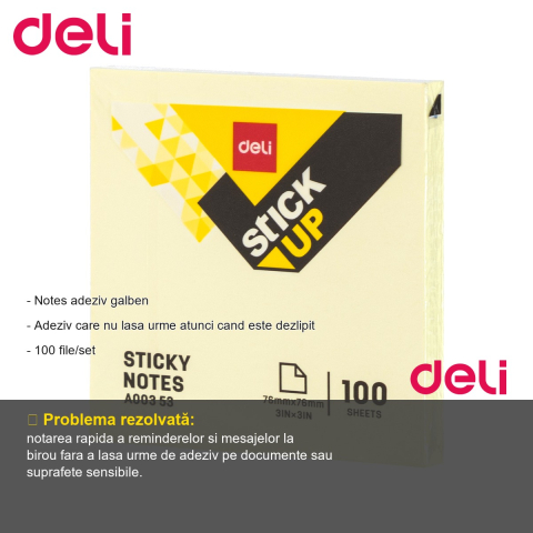 Notes adeziv Deli 76x76mm galben, fara urme la dezlipire, 100 file per set [1]