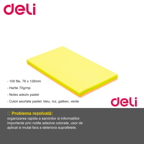 Notes adeziv Deli, culori pastel asortate, 100 file, 76x126mm, pentru organizare rapida la birou [1]