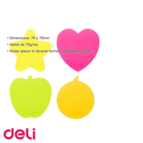 Notes adeziv Deli forme diverse, culori neon fluorescente, 76x76mm, 4 blocuri x 20 file, repozitionabil [2]