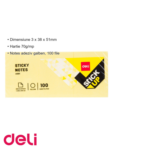 Notes adeziv Deli, galben, 38x51mm, 100 file, pentru birotica si organizare rapida [2]