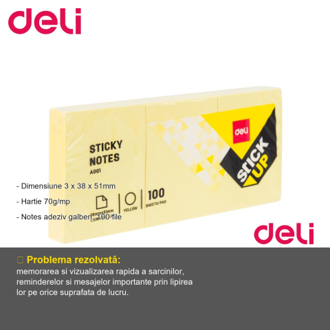 Notes adeziv Deli, galben, 38x51mm, 100 file, pentru birotica si organizare rapida [1]