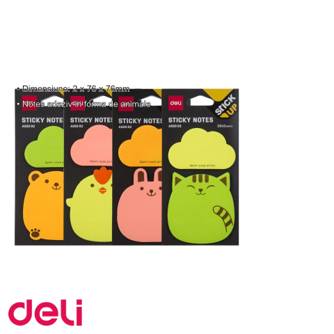 Notes adeziv Deli in forma de animale, 76x76mm, 2 blocuri x 20 file, pentru copii si birou [2]