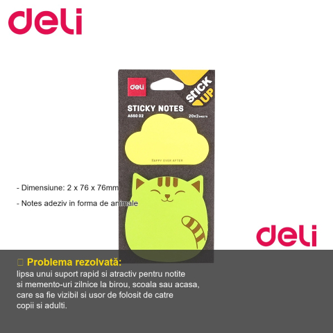 Notes adeziv Deli in forma de animale, 76x76mm, 2 blocuri x 20 file, pentru copii si birou [1]