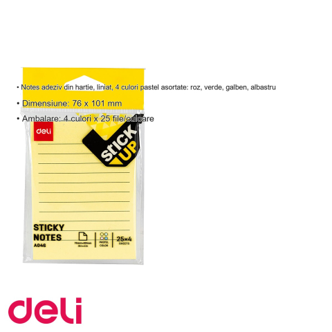Notes adeziv Deli liniat, 4 culori pastel asortate, 76 x 101 mm, 100 file, pentru birou si acasa [2]