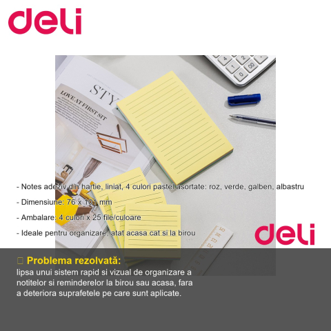 Notes adeziv Deli liniat, 4 culori pastel asortate, 76 x 101 mm, 100 file, pentru birou si acasa [1]