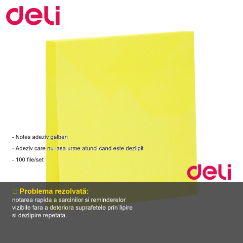 Notes adeziv Deli neon galben 76x76mm, 100 file, fara urme la dezlipire, pentru birou si acasa [1]