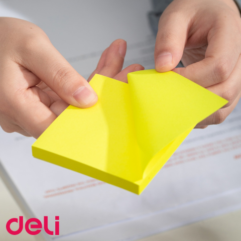 Notes adeziv Deli neon galben 76x76mm, 100 file, fara urme la dezlipire, pentru birou si acasa [3]