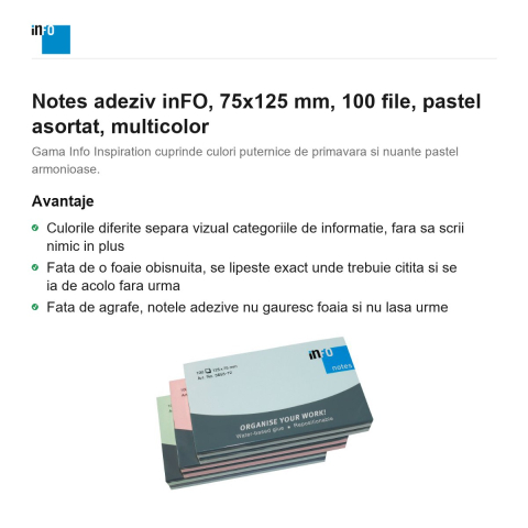 Notes adeziv inFO, 75x125 mm, 100 file, pastel asortat, multicolor [1]