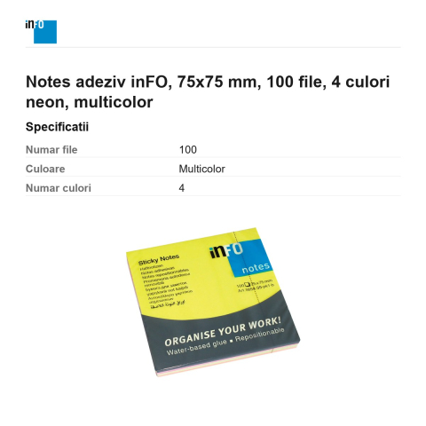 Notes adeziv inFO, 75x75 mm, 100 file, 4 culori neon, multicolor [2]