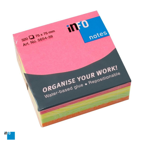 Birotica papetarie - Notes adeziv inFO, 75x75 mm, 320 file, 4 culori neon, multicolor