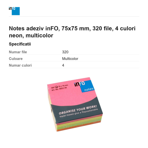 Notes adeziv inFO, 75x75 mm, 320 file, 4 culori neon, multicolor [2]