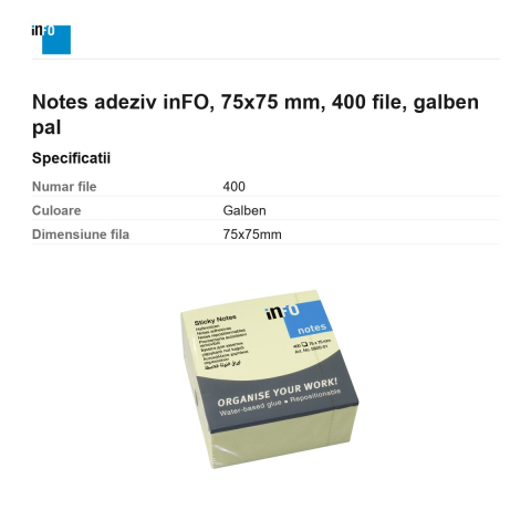 Notes adeziv inFO, 75x75 mm, 400 file, galben pal [2]