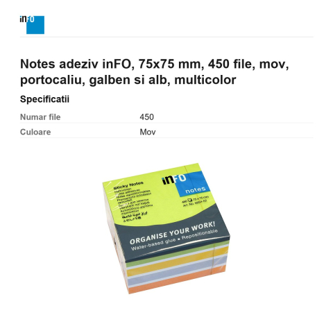 Notes adeziv inFO, 75x75 mm, 450 file, mov, portocaliu, galben si alb, multicolor [2]