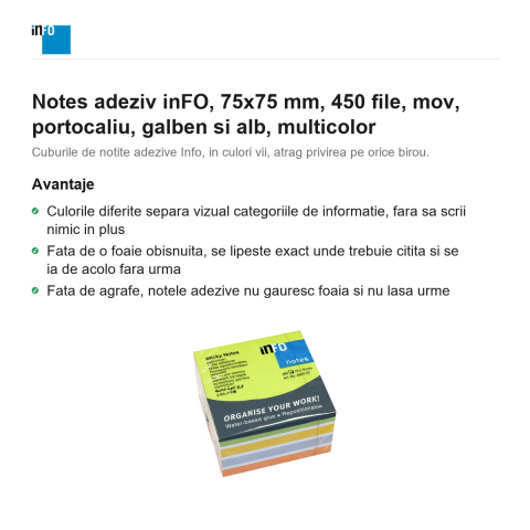 Notes adeziv inFO, 75x75 mm, 450 file, mov, portocaliu, galben si alb, multicolor [1]