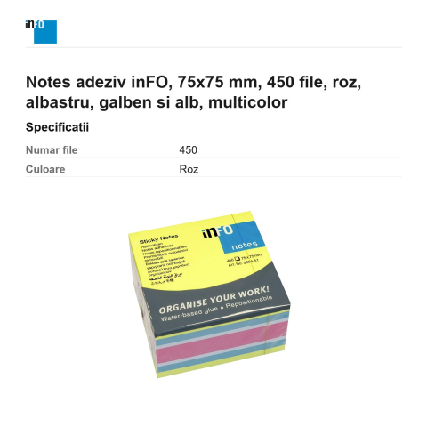 Notes adeziv inFO, 75x75 mm, 450 file, roz, albastru, galben si alb, multicolor [2]