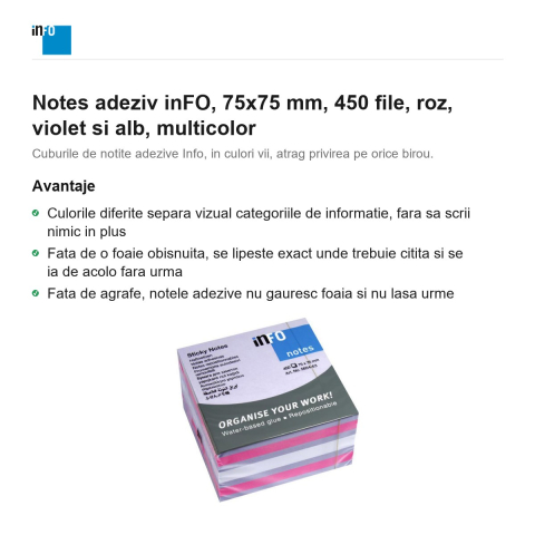 Notes adeziv inFO, 75x75 mm, 450 file, roz, violet si alb, multicolor [1]