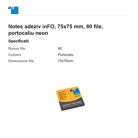 Notes adeziv inFO, 75x75 mm, 80 file, portocaliu neon [2]