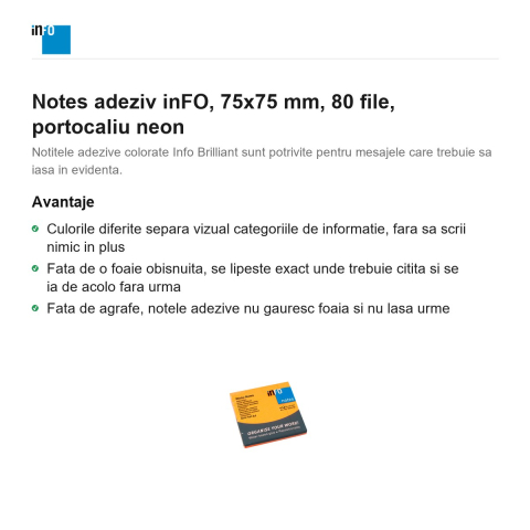 Notes adeziv inFO, 75x75 mm, 80 file, portocaliu neon [1]
