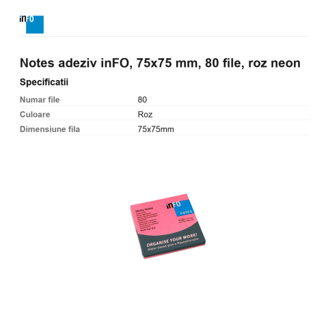 Notes adeziv inFO, 75x75 mm, 80 file, roz neon [2]