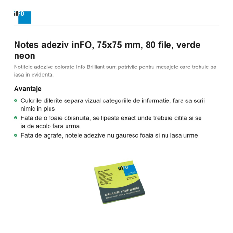 Notes adeziv inFO, 75x75 mm, 80 file, verde neon [1]