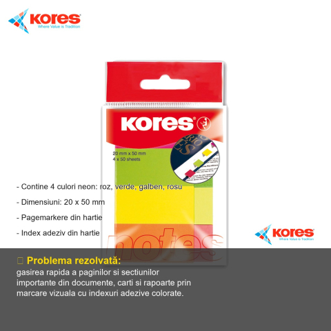 Notes adeziv Kores, 20x50 mm, 4 culori neon, 50 file/culoare, pentru marcare si organizare documente [1]