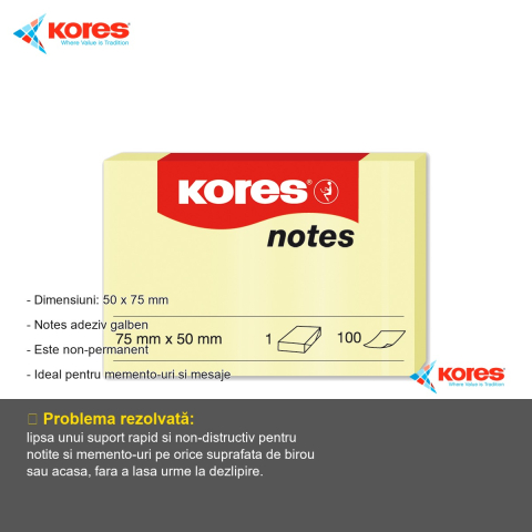 Notes adeziv Kores, 50x75 mm, galben pal, repozitionabil, 100 file - pentru memento-uri si mesaje rapide [1]