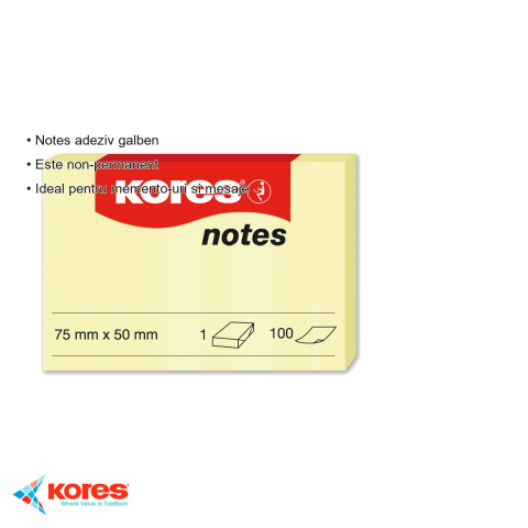 Notes adeziv Kores, 50x75 mm, galben pal, repozitionabil, 100 file - pentru memento-uri si mesaje rapide [2]
