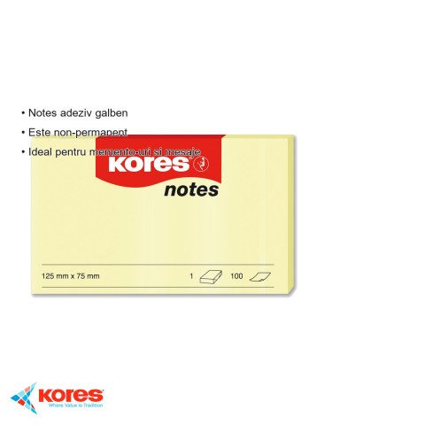 Notes adeziv Kores, 75x125 mm, galben pal, repozitionabil, 100 file - ideal pentru memento-uri si mesaje [2]
