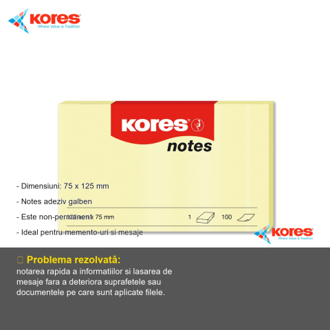 Notes adeziv Kores, 75x125 mm, galben pal, repozitionabil, 100 file - ideal pentru memento-uri si mesaje [1]