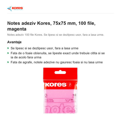 Notes adeziv Kores, 75x75 mm, 100 file, magenta [1]