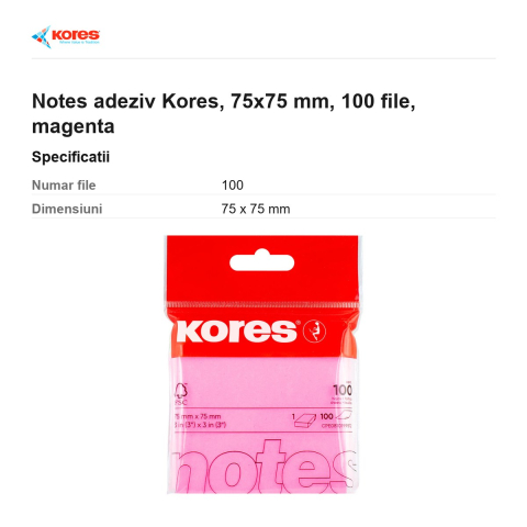 Notes adeziv Kores, 75x75 mm, 100 file, magenta [2]