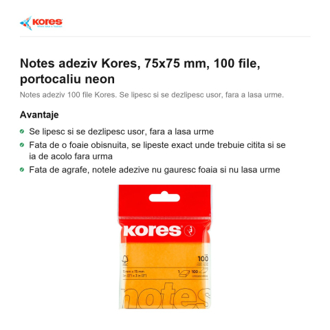 Notes adeziv Kores, 75x75 mm, 100 file, portocaliu neon [1]