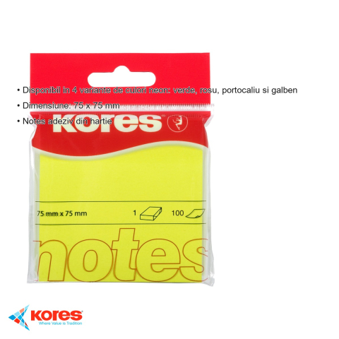 Notes adeziv Kores, 75x75 mm, galben neon, repozitionabil, 100 file, pentru memento-uri si organizare birou [2]