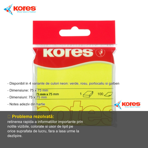 Notes adeziv Kores, 75x75 mm, galben neon, repozitionabil, 100 file, pentru memento-uri si organizare birou [1]