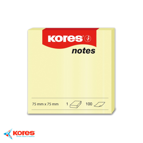 Notes, Post-it si cuburi de hartie - Notes adeziv Kores, 75x75 mm, galben pal, repozitionabil, 100 file, pentru memento-uri si mesaje