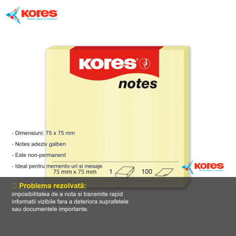 Notes adeziv Kores, 75x75 mm, galben pal, repozitionabil, 100 file, pentru memento-uri si mesaje [1]