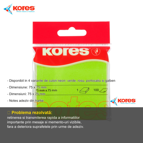 Notes adeziv Kores, 75x75 mm, verde neon, 100 file, repozitionabil, pentru memento-uri si mesaje [1]