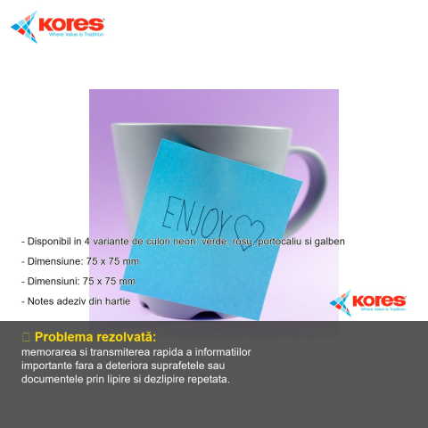 Notes adeziv Kores, culoare albastru neon, 75x75 mm, 100 file repozitionabile, pentru memento-uri si organizare birou [1]