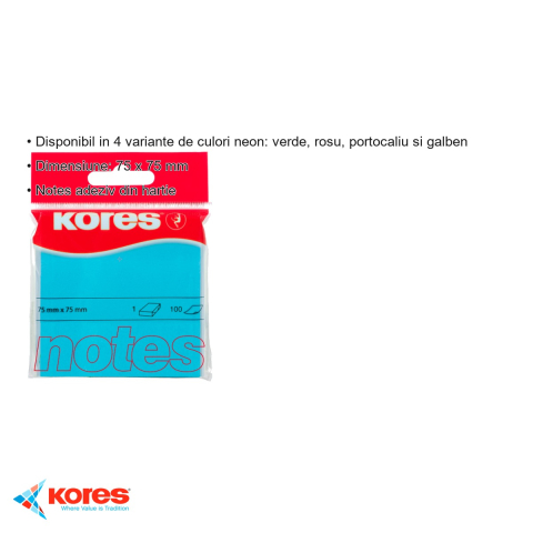 Notes adeziv Kores, culoare albastru neon, 75x75 mm, 100 file repozitionabile, pentru memento-uri si organizare birou [2]