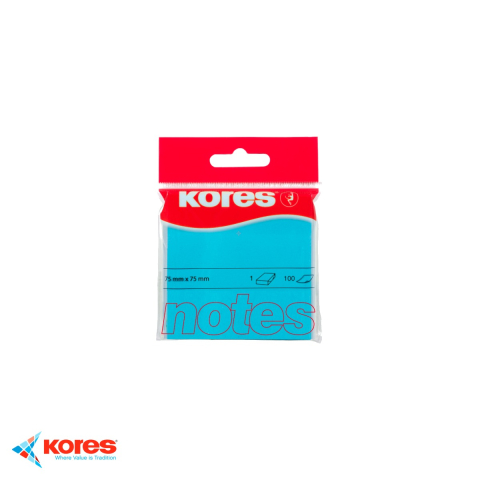 Notes, Post-it si cuburi de hartie - Notes adeziv Kores, culoare albastru neon, 75x75 mm, 100 file repozitionabile, pentru memento-uri si organizare birou