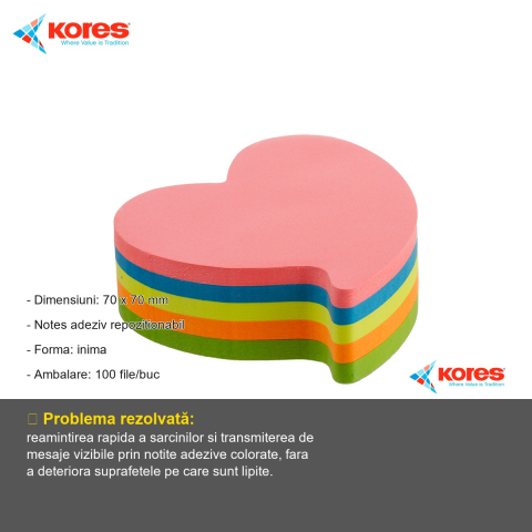 Notes adeziv Kores forma inima, roz neon, 70x70 mm, 100 file repozitionabile [1]