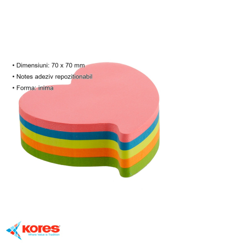 Notes adeziv Kores forma inima, roz neon, 70x70 mm, 100 file repozitionabile [2]