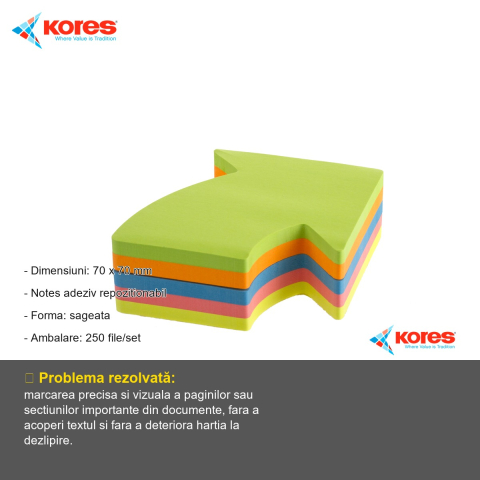 Notes adeziv Kores forma sageata, 5 culori neon, 70x70 mm, 250 file/set, repozitionabil [1]