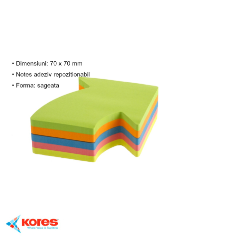 Notes adeziv Kores forma sageata, 5 culori neon, 70x70 mm, 250 file/set, repozitionabil [2]