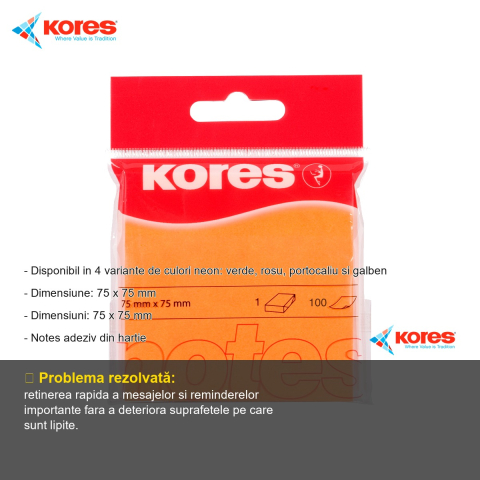 Notes adeziv Kores portocaliu neon, 75x75 mm, 100 file, repozitionabil, pentru memento-uri si mesaje [1]