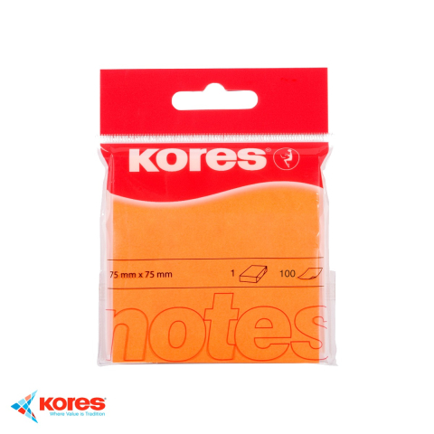 Notes, Post-it si cuburi de hartie - Notes adeziv Kores portocaliu neon, 75x75 mm, 100 file, repozitionabil, pentru memento-uri si mesaje
