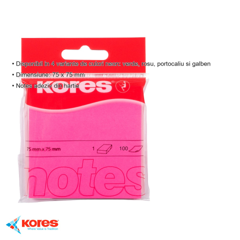 Notes adeziv Kores roz neon 75x75 mm, repozitionabil, 100 file, pentru memento-uri si mesaje [2]